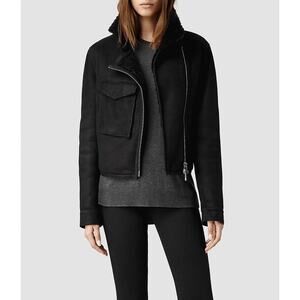 All Saints Malver Black Suede Leather Sheepskim Full Zip Jacket Women's Size 8